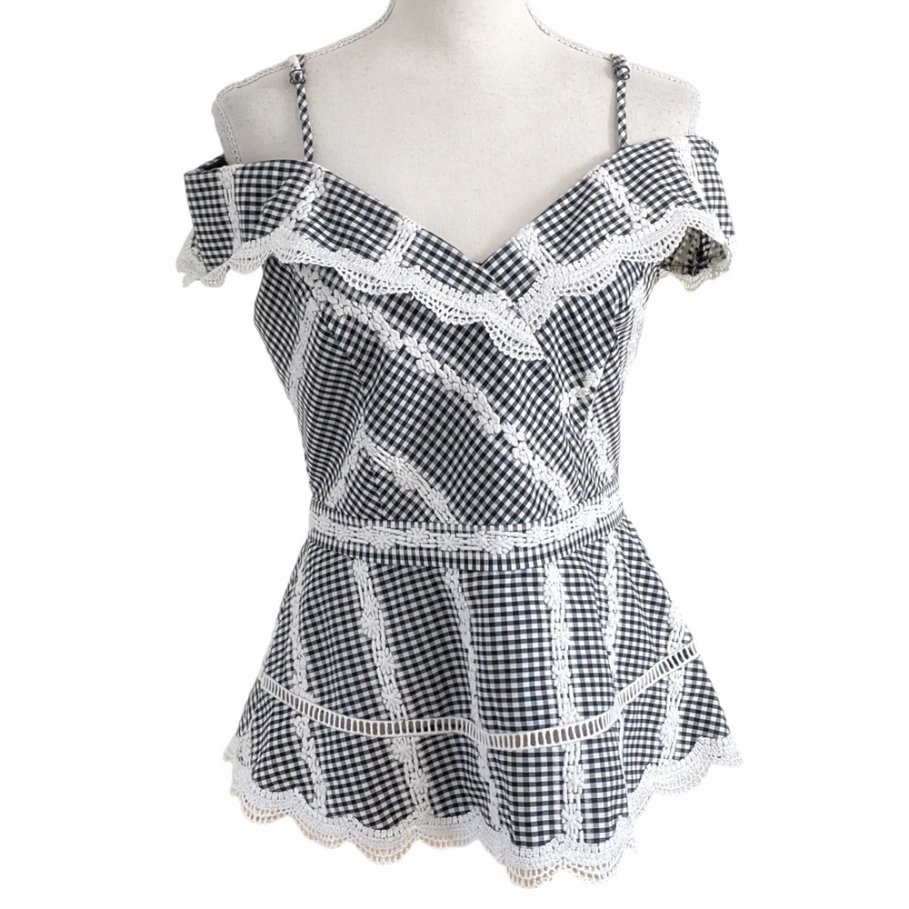 ADELYN RAE BLACK WHITE GINGHAM EMBROIDERED COLD SHOULDER PEPLUM TOP - S